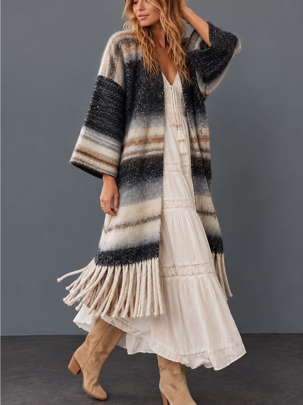 Anthropologie Striped Fringe Open-Front Long Cardigan Duster in Cream & Gray